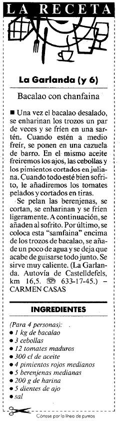Recepta de bacall� amb sanfaina del restaurant 'La Garlanda' de Gav� Mar publicada al diari LA VANGUARDIA (8 Abril 1999)